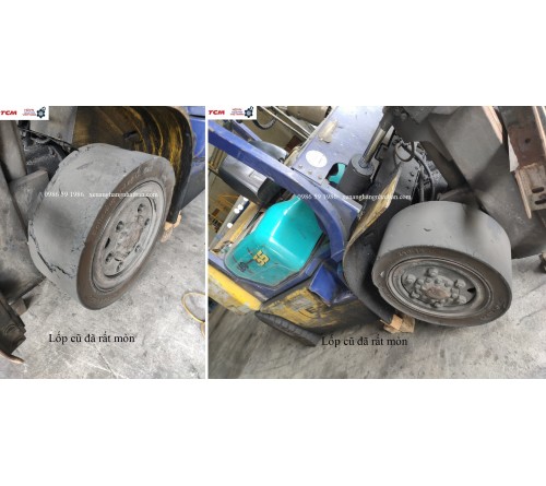 Thay lốp đặc 28x9-15 Thunderpro cho xe nâng 3.5 tấn Komatsu FD35NT-7 tại Thường Tín, Hà Nội