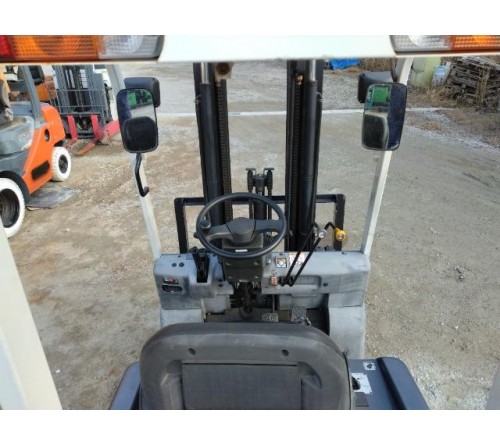 Xe nâng điện 1.5 tấn TCM Unicarriers FB15-8 chiều cao nâng 4.8 mét, 3 tầng nâng chui công, ắc quy VSDX400M. Sản xuất tại Nhật Bản 2014