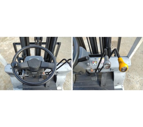 Xe nâng điện 1.5 tấn TCM Unicarriers FB15-8 chiều cao nâng 4.8 mét, 3 tầng nâng chui công, ắc quy VSDX400M. Sản xuất tại Nhật Bản 2014